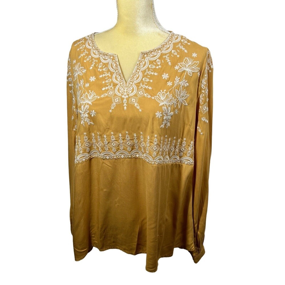 Savanna Jane Tunic Size Med Womens Mustard Floral Embroidery Long Sleeve Boho